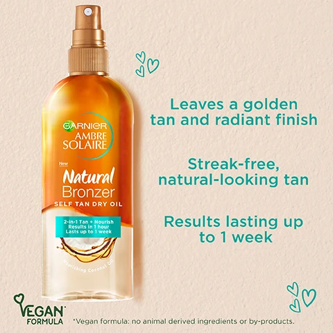  Image 1, leaves a golden tan and radiant finish. streak free natural looking tan. results lasting up to 1 week. vegan formula no animal derived ingredients or by products. image 2, prep, tan and maintain. image 3, explore the range. image 4, cruelty free international - all garnier products are officially approved by cruelty free international under the leaping bunny programme.