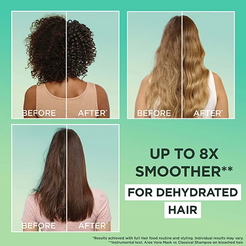Image 1, before and after. up to 8 times smoother for dehydrated hair. results achieved with full hair food routine and styling. individual results may vary. instrumental test, aloe vera shampoo and conditioner vs classic shampoo. image 2, quenching aloe vera hair food. multi use mask for damaged hair. up to 8 times smoothness. reformulates with vitamins c, e and f. 97% natural origin ingredients. instrumental test aloe vera shampoo and conditioner vs classic shampoo C and F derivates. image 3, no silicone for a natural feel. image 4, multi use mask 3 in 1 uses. 1 = instant treatment, apply on wet hair and rinse off. 2 = intense treatment, leave in for 3 mins on wet hair and rinse out thoroughly. 3 = leave in, on wet or dry hair, apply a small amount on lengths and tips. image 5, dehydrated hair? quench your thirsty lengths with aloe hair food. 1 = shampoo, cleanse without stripping. 2 = conditioner, detangle without weighing down. 3 = mask, deeply nourish. image 6, give your hair the nourishment it needs with hair food by garnier. image 7, hair food fact based hair care. nourishing formula facts. plant based cleansing active = cleanses without stripping. natural origin caring agent = seals hair cuticle. plant based oil = gives intense shine. image 8, cruelty free and vegan formula. no animal derived ingredients