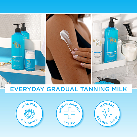 Image 1 - Image shows three bottles of tanning products on a blue background, with a woman applying cream to her arm, and features visible text that reads: EVERYDAY GRADUAL TANNING MILK, ALOE VERA & VITAMIN E, DERMATOLOGICALLY TESTED, and NATURAL GOLDEN GLOW.
