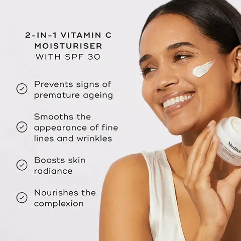 image 1, 2-in-1 vitamin c moisturiser with SPF 30. prevents signs of premature ageing. smooths the appearance of fine lines and wrinkles. boosts skin radiance. nourishes the complexion. image 2, 94% felt daily radiance vitamin c feels more like a moisturiser than a sunscreen. proven via independent consumer study conducted over 4 weeks on 50 participants, across all skin types and tones. image 2, how to layer. AM = cleanse, tone, target, vitamin c + SPF. expert advice = if in high strength sun, reapply daily radiance vitamin c every 2 hours for maximum UV protection. image 3, find your vitamin c. our radiance cream and vitamin c 3% vitamin c = for those new to vitamin c to visibly brighten and energise skin. our introductory vitamin c ceru,, 7% vitamin c = perfect for beginners and gentle on sensitive skin. our 2-in-1 vitamin c + SPF 30 moisturiser, 5% vitamin c = boosts skin radiance and protects the complexion with SPF 30. our supercharged vitamin c serum, 14% vitamin c = reduces visible fine lines and dark spots and supports the skin barrier. our most powerful vitamin c serum, 30% l-ascorbic acid = for powerful protection against environmental induced ageing.