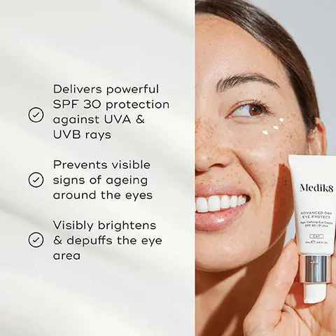 image 1, delivers powerful SPF 30 protection against UVA and UVB rays. prevents visible signs of ageing around the eyes. visibly brightens and depuffs the eye area. image 2, advanced UV filters = delivers SPF 30 protection to prevent visible skin ageing. moringa extract = protects against environmental stressors such as air pollution and free radicals. caffeine and hesperidin = reduce the look of dark circles and puffiness. image 3, how to layer. AM = cleanse, vitamin c, sunscreen for eyes, sunscreen for face. expert advice = if in direct sunlight, reapply every 2 hours for maximum protection. image 4, the CSA philosophy. Medik8's clinically proven skincare approach that addresses 90% of anti-ageing skincare needs in just 3 simple steps. brightens for glowing skin, vitamin c in the morning. protects for youthful skin, sunscreen in the morning. renews for perfected skin, vitamin a in the evening.