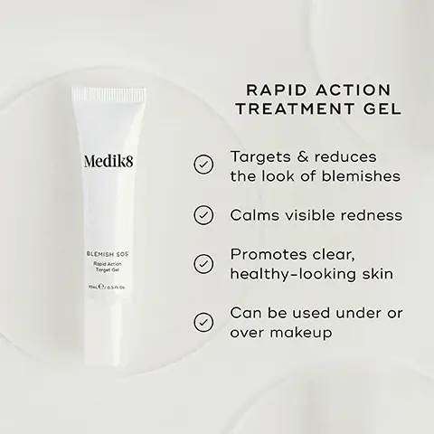Image 1, rapid action treatment gel. targets and reduces the look of blemishes. calms visible redness. promotes clear, healthy looking skin, can be used under or over makeup. image 2, how to layer. AM = cleanse, target, vitamin c, sunscreen. PM = cleanse, tone, target, vitamin a.