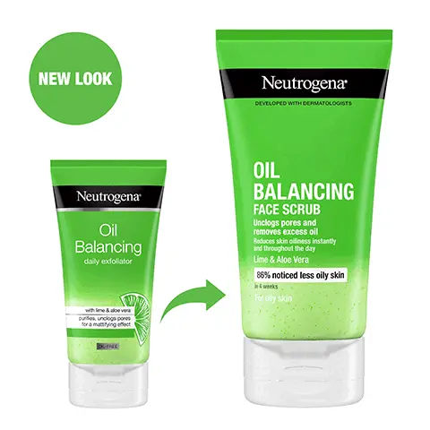 Image 1, New look Image 2, PURIFIES & UNCLOGS PORES Neutrogena DEVELOPED WITH DERMA OIL BALANCING FACE SCRUB Unclogspores and FOR A MATTIFYING EFFECT Lime & Aloe Vera 80% noticed less oily skin For oily skin Image 3, 86% NOTICED LESS OILY SKIN IN 8 WEEKS* *Clinical study, self-assessment, 44 subjects Image 4, WITH LIME & ALOE VERA Image 5, for oily skin