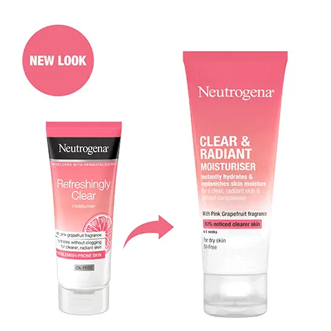 Image 1, New look Image 2, 24-HOUR HYDRATION FOR DRY SKIN Image 3, 80% NOTICED CLEARER SKIN IN 8 WEEKS* *Clinical study, self-assessment, 31 subjects Image 4, Neutrogena CLEAR & RADIANT MOISTURISER Instantly hydrates & for a clear, radiant skin & refined completion LEAVES YOUR SKIN LOOKING CLEARER & MORE RADIANT Image 5, WITH PINK GRAPEFRUIT FRAGRANCE Image 6, "I HAVE RECOMMENDED THIS TO SO MANY PEOPLE WHO ALL LOVE IT JUST AS MUCH AS ME!" *received free product Elly Home tester club member