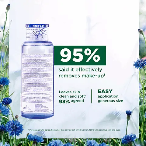 Image 1: 95% said it effectively removes makeup, leaves skin clean and soft 93% agreed, easy application, generous size. Image 2: Gently cleanses face, eyes and lips effectively with naturally derived ingredients. 90% Natural origin ingredients, high tolerance, organic cornflower and vegan klorane info. Image 3: Cornflower fragrance and lightweight texture with no need to rinse