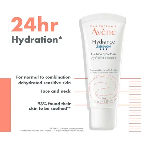 24hr hydration. For normal to combination dehydrated sensitive skin. Face and neck. 93% found their skin to be soothed. HI kinetics, 22 subjects, single application. Satisfaction evaluated by 91 subjects, 1 to 2 applications per day for 21 days. Hydrating, soothing, non-sticky. Image of three skincare products from Avène, arranged vertically; the first product is a cleansing foam labeled CLEANSE with the number 1, the second is a hydrating emulsion labeled HYDRATE with the number 2, and the third is a sunscreen labeled SPF50 ULTRA FLUID with the number 3. Key Ingredients, Cohederm tm restores hydration. Provitamin E antioxidant.