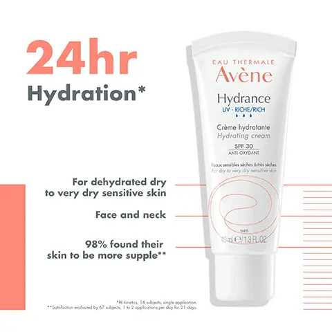 Image 1, 24hr Hydration* For dehydrated dry to very dry sensitive skin Face and neck 98% found their skin to be more supple** EAU THERMALE Avène Hydrance UV-RICHE/RICH Crème hydratante Hydrating cream SPF 30 ANTI-OXYDANT Peaux sensibles siches this ches for dry to very dry serve ski JAS 49me/1.3 FLOZ 16jects, single application **Sofaction valued by 67ject, 1 to 2 applications per day for 21 days Image 2, EAU THERMALE Avène Hydrance UV-RICHE/RICH Crème hydratante Hydrating cream SPF 30 ANTI-OXYDANT Peaux sensibles sèches à très ches For dry to very dry sensitive skin HYDRATING SOFTENING NON-STICKY PARS me/1.3FL0Z SOOTHING Image 3, Avène COM Avène HYDRANCE EAU THERMALE Avène Hydrance W.RCHERCH Crne hydro Hydroing cream 0138.0 CLEANSE CLEANSING FOAM X 2 BOOST HYDRANCE BOOST SERUM 3 HYDRATE HYDRANCE RICH UV HYDRATING CREAM Image 4, KEY INGREDIENTS CohedermTM Restores hydration Shea Butter Nourishes
