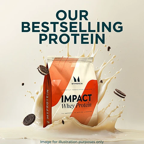 Image 1 - A dynamic image of a protein powder package labeled IMPACT Whey Protein with splashes of milk and cookies around it, featuring the text OUR BESTSELLING PROTEIN and Image for illustration purposes only.
Image 2 - An image of a protein powder package featuring the text MAKE AN IMPACT FROM DAY ONE and build muscle and boost your recovery along with bullet points stating 22G protein, LESS THAN 116 KCAL, and OVER 15 FLAVOURS with the brand name MYPROTEIN prominently displayed.