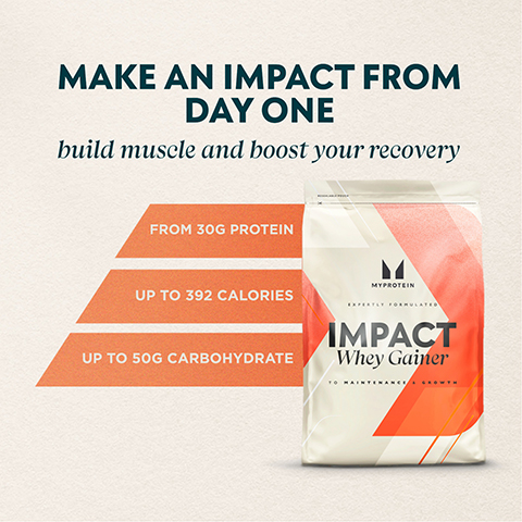 MAKE AN IMPACT FROM DAY ONE build muscle and boost your recovery FROM 30G PROTEIN UP TO 392 CALORIES ་ MYPROTEIN UP TO 50G CARBOHYDRATE IMPACT Whey Gainer