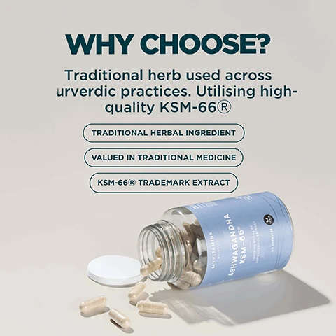 Image 1 - A clear glass bottle of Myvitamins Wellness Ashwagandha KSM-66 capsules, containing 500mg of extract and 60 capsules, is tipped on its side with some light-colored pills spilled out next to its white lid, accompanying text that reads WHY CHOOSE? Traditional herb used across urvedic practices, utilising high-quality KSM-66®, described as a TRADITIONAL HERBAL INGREDIENT, VALUED IN TRADITIONAL MEDICINE, and KSM-66® TRADEMARK EXTRACT. Image 2 - Numerous light brown, translucent capsules filled with beige powder are shown with the text KSM-66® IS A PREMIUM ASHWAGANDHA ROOT EXTRACT. Image 3 - A single transparent capsule filled with light-colored powder is displayed with its dimensions labeled as 22mm long and 8mm wide, accompanied by the text Daily Suggested Serving - 1 Capsule. Image 4 - A white box on a gray background displays nutritional information, with the text NUTRITIONAL INFORMATION, followed by a table showing ACTIVE INGREDIENTS, Daily Serving 1 Capsule, KSM-66® Ashwagandha 500mg, and below that *NRV - Nutrient Reference Value, with the KSM-66 Ashwagandha® logo and WORLDS BEST ASHWAGANDHA.