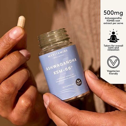 A person holds a clear bottle of Myvitamins Wellness Ashwagandha KSM-66 supplements and a single light-colored capsule, with the bottle label displaying Myvitamins Wellness Ashwagandha KSM-66, Contains 500mg of Ashwagandha Extract, 30 Capsules, and a Vegan Friendly logo, while a side panel shows 500mg Ashwagandha KSM66 root extract per serve, Taken for overall calm and relaxation, and is Vegetarian friendly. A light blue rounded rectangle displays a five-star rating and a customer review that reads: I don’t often leave reviews, but these have been amazing for me. I take one after breakfast and after about an hour I feel the benefit. I’m working effectively and able to keep my calm at work. I really believe they have helped my mood and any anxious feelings. Verified Myvitamins Customer.