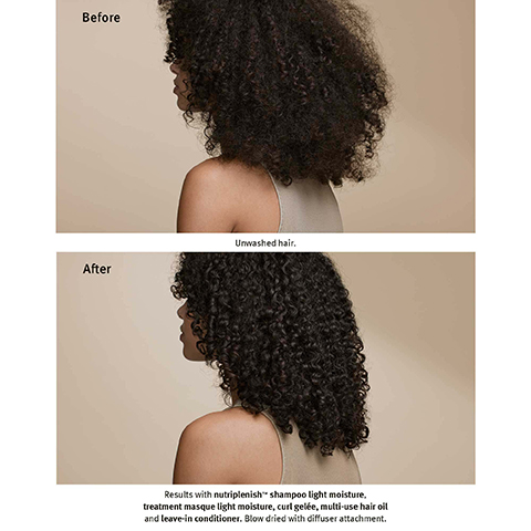 Image 1 - Image shows two side-by-side photographs of a person with curly hair, with the left labeled Before depicting unwashed hair, and the right labeled After showing defined, moisturized curls; visible text includes Results with nutriplenish™ shampoo light moisture, treatment masque light moisture, curl gelée, multi-use hair oil and leave-in conditioner. Blow dried with diffuser attachment.