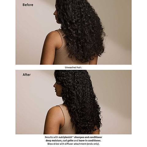 Before After Unwashed hair. Results with nutriplenish shampoo and conditioner deep moisture, curl gelée and leave-in conditioner. Blow dried with diffuser attachment (ends only).