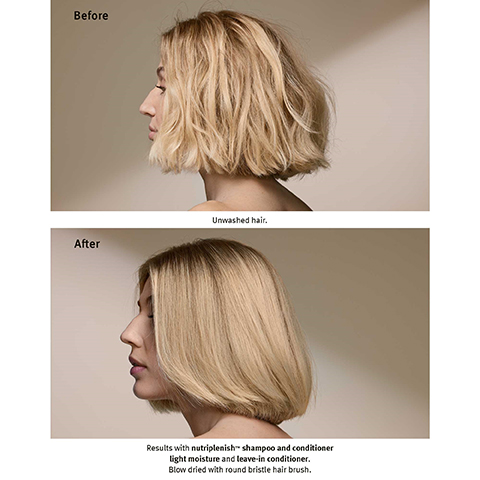 Before Unwashed hair. After Results with nutriplenish shampoo and conditioner light moisture and leave-in conditioner. Blow dried with round bristle hair brush.