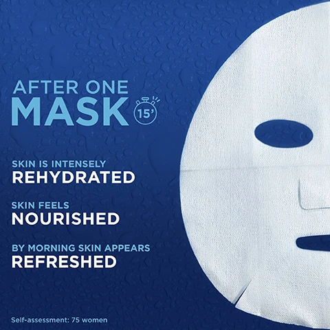 Image 1, after one mask - 15 minutes. skin is intensely rehydrated, skin feels nourished and by morning skin appears refreshed. self assessment 75 women. image 2, more than 26,000 5 star reviews. my skin felt revived, refreshed and hydrated. number 1 sheet mask brand in the uk. i love this moisture bomb mask and will surely buy again. image 3, enriched with deep sea water and hyaluronic acid to hydrate and soothe tired skin. image 4, one bottle of serum in a mask. image 5, 15 minutes. image 6, cruelty free international leaping bunny approved. vegan formula - no animal derived ingredients or by products. biodegradeable by home compost.