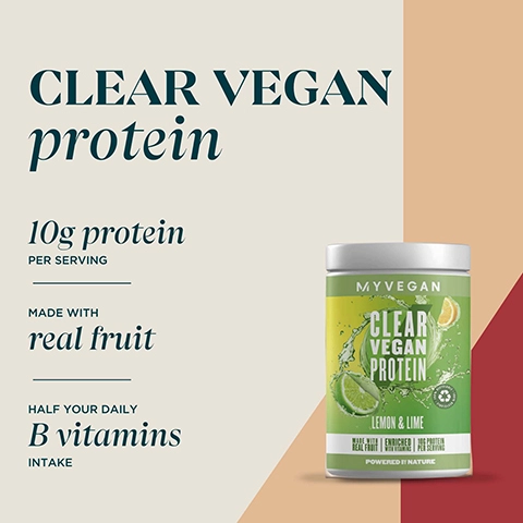 clear vegan protein. 10g protein per serving. made with real fruit. half your daily b vitamins intake.