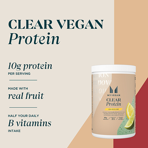 CLEAR VEGAN Protein 10g protein PER SERVING MADE WITH real fruit KITTON του Μ MYVEGAN CLEAR Protein HALF YOUR DAILY B vitamins INTAKE 10