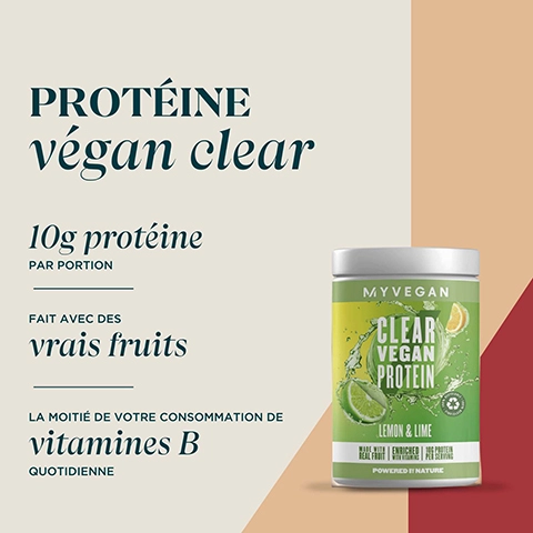 proteine vegan clear. 10g proteine par portion. fiat avec des vrais fruits. la moitie de votre consommation de vitamines b quotidienne.