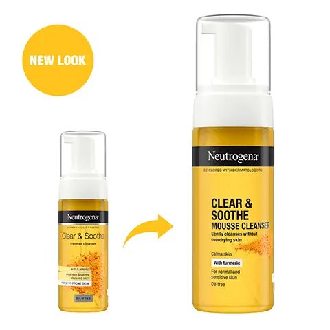 Image 1, New look Image 2, WITH TURMERIC RICH IN ANTIOXIDANTS Image 3, GENTLY CLEANSES WITHOUT OVER DRYING Neutrogena CLEAR & SOOTHE MOUSSE CLEANSER Image 4, EFFECTIVELY REMOVES PORE-CLOGGING DIRT, OIL AND MAKE-UP Image 5, suitable for sensitive skin