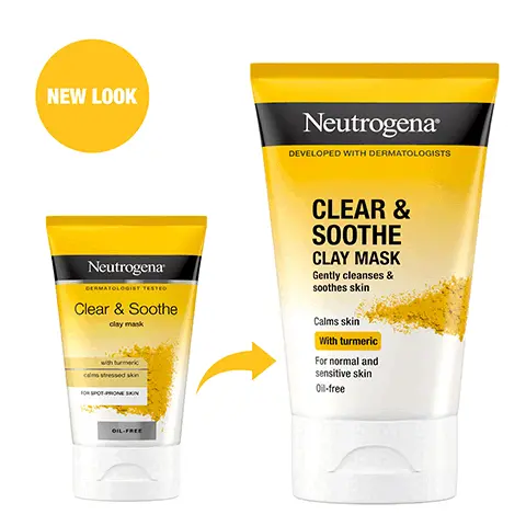 Image 1, New look Image 2, FORMULATED WITH SALICYLIC ACID Image 3, WITH TURMERIC RICH IN ANTIOXIDANTS Image 4, ABSORBS PORE CLOGGING OIL WHILE CALMING THE SKIN Neutrogena DEVELOPED WITH DEFL CLEAR & SOOTHE CLAY MASK