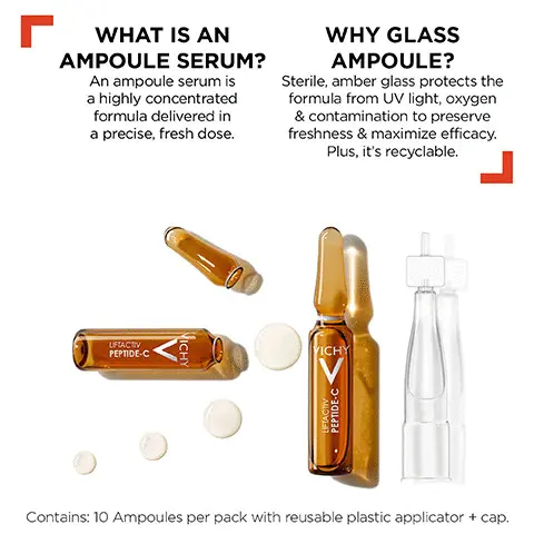 Image 1, What's in an ampoule serum and why glass ampoule. Image 2, product Benefits. Image 3, reignite radiance and reduce wrinkles statistics. Image 4, Fragrance-free, allergy tested, paraben free and dermatologist tested. Image 5, How to use. Image 6, reignite radiance and reduce wrinkles. Image 7, Fragrance-free, allergy tested, paraben free and dermatologist tested. Image 8, What's in an ampoule serum and when do i use it. Image 9, Before and after shot 