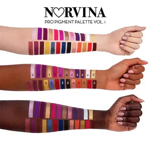 Norvina pro pigment volume 1. The image shows three arms and each. Each arm has coloured shades on it that are name via a letter and number: A1, A2, A3, A4, A5, B1, B2, B3, B4, B5, C1, C2, C3, C4, C5, D1, D2, D3, D4, D5, E1, E2, E3, E4 and E5.