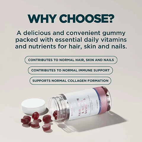 Image 1 - An overturned bottle of MYVITA HEALTH HAIR, SKIN & NAILS GUMMIES with several dark red gummies and its white cap spilled beside it, accompanied by text that reads WHY CHOOSE? A delicious and convenient gummy packed with essential daily vitamins and nutrients for hair, skin and nails. CONTRIBUTES TO NORMAL HAIR, SKIN AND NAILS. CONTRIBUTES TO NORMAL IMMUNE SUPPORT. SUPPORTS NORMAL COLLAGEN FORMATION. The bottle label also shows BLUEBERRY, 60 GUMMIES, and FOOD TO SUPPORT YOUR HAIR SKIN AND NAILS. Image 2 - A close-up of many dark red, glossy gummies with white text overlaid stating PERFECT BLEND OF ESSENTIAL NUTRIENTS FOR HAIR, SKIN AND NAILS. Image 3 - Two reddish-purple round gummies are displayed on a light background, with one showing measurements of 21mm diameter and 10mm height, and the text Daily Suggested Serving - 2 Gummies. Image 4 - A white box with nutritional information against a grey and pink background, listing NUTRITIONAL INFORMATION, ACTIVE INGREDIENTS: Daily Serving 2 Gummies, Biotin 150µg (300%), Selenium 55µg (100%), Vitamin A 800µg (100%), Vitamin B6 1.4mg (100%), Vitamin D3 5.0µg (100%), Vitamin E 12mg (100%), Zinc 10mg (100%), Vitamin C 80mg (100%), Vitamin B12 2.5µg (100%), *NRV - Nutrient Reference Value.