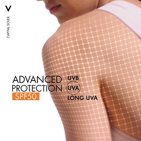 Image 1 - A close-up of a persons shoulder showing a grid pattern overlay with text that reads ADVANCED PROTECTION SPF50 UVB UVA LONG UVA.
              Image 2 - A close-up portrait of a woman with brown eyes and light skin, showcasing natural makeup, with the text HYPOALLERGENIC. INVISIBLE FINISH prominently displayed in the center.
              Image 3 - A transparent spray bottle of Vichy Capital Soleil SPF 50 sunscreen is shown with a water droplet background, featuring the words ULTRA-LIGHT and ULTRA-FRESH in bold orange text.
              Image 4 - A bottle of Vichy Capital Soleil Solar Protective Water SPF 50, with the label emphasizing tan illuminating properties and the inclusion of beta carotene, is shown against a white background.
              Image 5 - A light background features two sun protection products: a small white bottle labeled Vichy Capital Soleil UV-Age Daily for face and a larger amber bottle labeled Vichy Capital Soleil Solar Protective Water for body, along with the text Advanced UV Protection.