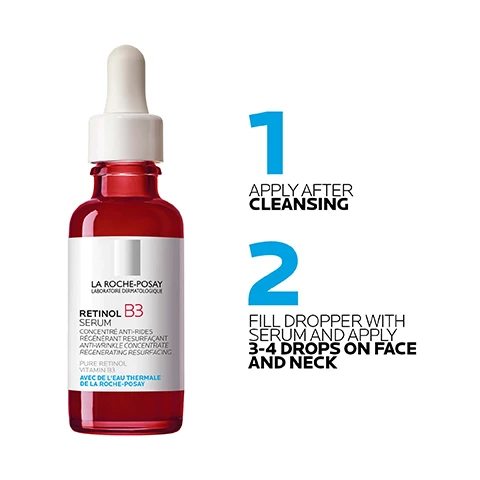 Image 1 - A red serum bottle labeled LA ROCHE-POSAY RETINOL B3 SERUM with instructions numbered 1 and 2 stating APPLY AFTER CLEANSING and FILL DROPPER WITH SERUM AND APPLY 3-4 DROPS ON FACE AND NECK.
              Image 2 - The image shows two women applying a serum to their faces, with one woman on the left using a light-colored product and the other on the right using a darker cream; there is a bottle of La Roche-Posay Retinol B3 Serum visible on the right side of the image.
              Image 3 - Image shows three skincare products from La Roche-Posay: on the left, a red serum bottle labeled Retinol B3 Serum; in the center, a white tube labeled Redermic R Eyes; and on the right, a white bottle labeled Anthelios Age Correct, with a visible sun protection factor of 50.
              Image 4 - A close-up image of a person in a white lab coat against a blue background, featuring text that reads No. 1 DERMATOLOGIST RECOMMENDED SKINCARE BRAND IN THE UK* with a note below stating *Study of 74 Consultant Dermatologists Jan-May 2022.