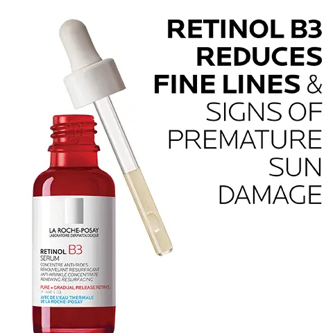 Image 1, Smooths, fills and firms, Retinol B3 serum. Suitable for all skin types and tones. Image 2,Expert ageing serums recommended by dermatologists.