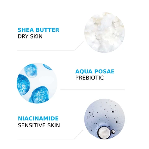 Image 1 - Image showing three circular sections with descriptions: top left has shea butter with the text SHEA BUTTER DRY SKIN, middle left shows blue gel-like droplets with the text AQUA POSAE PREBIOTIC, and bottom left features a round container with the text NIACINAMIDE SENSITIVE SKIN.
              Image 2 - An image with a blue logo for La Roche-Posay at the top, featuring two illustrations of a healthcare professional and a person with a skincare product, with text stating RECOMMENDED BY and SUITABLE FOR above, and below, icons indicating PARABEN-FREE and FRAGRANCE-FREE.
              Image 3 - A close-up image of a persons arm wearing a white lab coat against a light blue background, with bold text that reads No 1 DERMATOLOGIST RECOMMENDED BRAND IN THE UK* and a small note indicating a study reference.
              Image 4 - A white bottle of La Roche-Posay Lipikar Baume AP+M with a pump dispenser, displaying instructions on the right that read: 1 APPLY DAILY TO BODY 2 GENTLY MASSAGE UNTIL ABSORBED.
              Image 5 - A bottle of Lipikar Balm AP+M from La Roche-Posay is displayed against a gradient of skin tones, with text stating SUITABLE FOR ALL SKIN TYPES prominently featured.