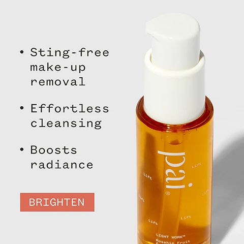 Image 1 - A bottle of facial cleansing oil with a white pump top is shown alongside text highlighting its features: sting-free make-up removal, effortless cleansing, and boosts radiance, with a bright red button labeled BRIGHTEN.
              Image 2 - A close-up image of a transparent bottle containing a yellow liquid with bubbles, featuring the word lift prominently displayed, accompanied by five stars and a customer testimonial stating the first time a make-up remover hasnt irritated their sensitive skin, attributed to Freya W, along with organic and vegan certification logos.