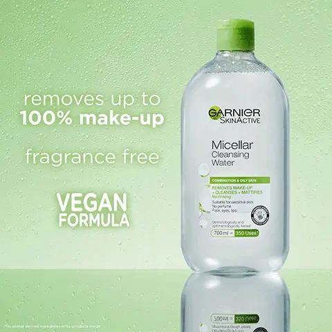 Image 1, removes up to 100% makeup. fragrance free, vegan formula. image 2, more than 50,000 5 star reviews. number 1 micellar water in the UK. a must have in my cleansing routine. Image 3, cruelty free international, all Garnier products products are officially approved by cruelty free international under the leaping bunny program. Image 4, vegan formula bottle is made from recycled plastic recycled cap label and additives