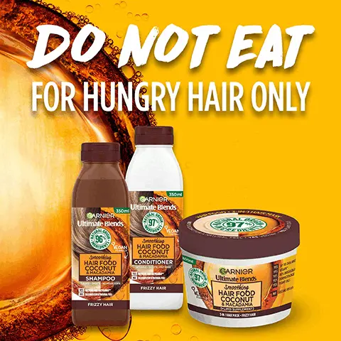 Image 1, do not eat for hungry hair only. Image 2, smoothing macadama. Image 3, natural origin up to 98%. Image 4,yummiest texture. Image 5, yes vegan leaping bunny approved by yes cruelty free international yes recyclable and no silicone. Image 6, Approved by cruelty free international under the leaping bunny programme