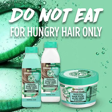 Image 1, do not eat for hungry hair only. Image 2, quenching aloe vera. Image 3, natural origin up to 98%. Image 4,yummiest texture. Image 5, yes vegan leaping bunny approved by yes cruelty free international yes recyclable and no silicone. Image 6, Approved by cruelty free international under the leaping bunny programme