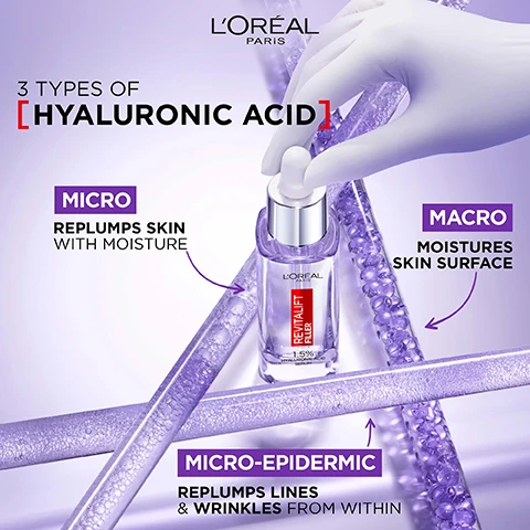 Image 1 - An image featuring a LOréal Paris product labeled 3 TYPES OF [HYALURONIC ACID] with a hand holding a bottle of RevitaliFiller serum, and arrows pointing to three descriptions: MICRO with the text REPLUMPS SKIN WITH MOISTURE, MACRO with MOISTURES SKIN SURFACE, and MICRO-EPIDERMIC with REPLUMPS LINES & WRINKLES FROM WITHIN.
              Image 2 - A clear glass dropper bottle of LOreal Revitalift Filler serum is centered against a light purple background, with text stating NEW FAST EFFICACY FORMULA MICRO-EPIDERMIC [HYALURONIC ACID] IS 50x SMALLER, DEEP & FAST PENETRATION.
              Image 3 - An image of two LOréal Revitalift skincare products on a light purple background, with text that reads COMPLETE YOUR REVITALIFT SKINCARE ROUTINE WITH A DOUBLE DOSE OF HYALURONIC ACID, #1 IN THE WORLD*, 1.5% HYALURONIC ACID SERUM FOR FACE, and 2.5% HYALURONIC ACID + CAFFEINE EYE SERUM FOR DELICATE EYE AREA.
              Image 4 - An image featuring two skincare products from LOréal Paris: a purple jar labeled Revitalift Filler with the text LOCKS IN HYDRATION and a clear bottle labeled Revitalift Filler with the text REPLUMPS SKIN, set against a background of water droplets and a light purple hue.