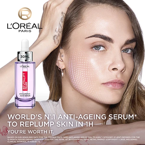 Image 3 - A woman with glowing skin, with a subtle grid pattern on her right cheek, looks forward, next to a purple LOréal Revitalift Filler Hyaluronic Acid Serum bottle, with the text LORÉAL PARIS 30ML REVITALIFT FILLER HYALURONIC ACID SERUM WORLDS N°1 ANTI-AGEING SERUM* TO REPLUMP SKIN IN 1H YOURE WORTH IT. BASED ON NIELSENIQ RMS DATA FOR THE FEMALE FACE CARE ANTI-AGING SERUM 15ML TO 60ML CATEGORY CLIENT-DEFINED FOR THE 12-MONTH PERIOD ENDING FEBRUARY 2025 FOR THE TOTAL OF 36 COUNTRIES, TOTAL RETAIL MARKET COPYRIGHT © 2025, NIELSENIQ. CLINICAL SCORAGE, 75 SUBJECTS. Image 4 - A clear purple LOréal Revitalift Filler Hyaluronic Acid Serum bottle with a dropper cap stands on an abstract background of shimmering purple and silver bubbles with white polka dots, displaying text WORLDS N°1 ANTI-AGEING SERUM* ✓ DEEPLY HYDRATES SKIN ✓ FOR LONG-LASTING PLUMP 30ML LORÉAL PARIS REVITALIFT FILLER HYALURONIC ACID SERUM and fine print BASE ON NIELSENIQ RMS DATA FOR THE FEMALE FACE CARE ANTI-AGING SERUM 15ML TO 60ML CATEGORY (CLIENT-DEFINED) FOR THE 12-MONTH PERIOD ENDING FEBRUARY 2025 FOR THE TOTAL OF 36 COUNTRIES, TOTAL RETAIL MARKET (COPYRIGHT © 2025, NIELSENIQ). CLINICAL SCORAGE, 75 SUBJECTS. Image 5 - Three close-up images show diverse individuals, a woman, a man, and another woman, having a clear serum applied to their cheeks with a dropper, with text that reads CLINICALLY EFFECTIVE ON ALL SKIN TYPES. and CREATED BY VALIDATED WITH DERMATOLOGISTS* LOREAL PARIS. Image 6 - A purple-themed image features a cosmetic dropper surrounded by three dishes containing purple liquid and clear beads, with text that reads: POWERED BY HYALURONIC ACID, MACRO HYDRATES SKIN SURFACE, MICRO REPLUMPS TOP LAYERS OF THE SKIN, LONG LASTING DEEP FILLING AGAINST WRINKLES. Image 7 - A split image shows a womans face before and after treatment, demonstrating a reduction in wrinkles around her eyes and mouth, with the text Visible Results -47% Wrinkles In 6 Weeks* and headings Before and After, followed by a footnote *Digital Simulation of the Revitalift Filler Hyaluronic Acid. Average Test Results on Wrinkles In An 6-Week Clinical Study. Image 8 - An image on a purple background features three LOréal Revitalift Filler hyaluronic products: a large dropper bottle, a small dropper bottle, and a jar, with white lines connecting them to a three-step routine, and text reading COMPLETE YOUR HYALURONIC ROUTINE, LOREAL PARIS, REVITALIFT FILLER, 30ML, HYALURONIC ACID SERUM, HYALURONIC EYE SERUM, DAY, STEP 1 EYE SERUM, STEP 2 FACE SERUM, STEP 3 FACE CREAM.