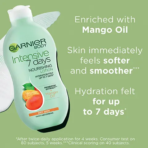 Image 1, enriched with mango oil skin immediately feels softer and smoother hydration felt for up to 7 days. Image 2, explore range. Image 3, cruelty free international all Garnier products are officially approved by cruelty free international under the leaping bunny program