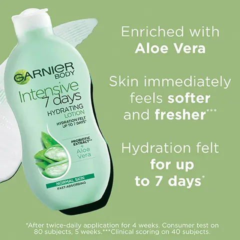 Image 1, enriched with aloe vera skin immediately feels softer and fresher hydration felt for up to 7 days. Image 2, explore range. Image 3, cruelty free international all Garnier products are officially approved by cruelty free international under the leaping bunny program