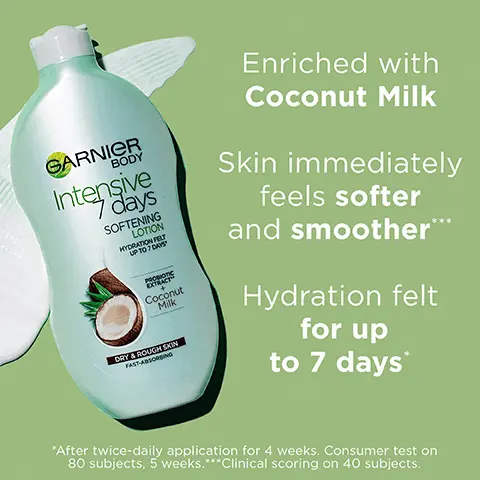 Image 1, enriched with coconut milk skin immediately feels softer and smoother hydration felt for up to 7 days. Image 2, explore the range. Image 3, cruelty free international all Garnier products are officially approved by cruelty free international under the leaping bunny program