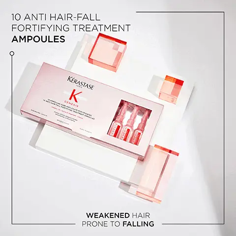 Image 1, 10 anti hair-fall fortifying treatment ampoules, weakened hair prone to falling. Image 2, Genesis, up to 84* less hair fall due to breakage, more fibre strength, more hair resilience. Image 3, before and after. Image 4, ginger root, edelweiss native cells, aminexil. Image 5, hovig etoyan global professional ambassador says, it is so common for my clients to experience hair fall from breakage or thinning hair. genesis addresses both causes of hair fall with its combination of ginger root and edelweiss native cells. catering for both fine and thicker hair types is the perfect solution