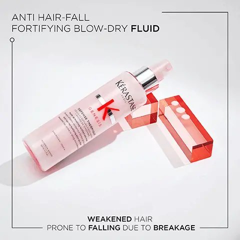 Image 1, anti hair-fall fortifying blow dry fluid, weakened hair prone to falling due to breakage. Image 2, Genesis, up to 84* less hair fall due to breakage, more fibre strength, more hair resilience. Image 3, before and after. Image 4, ginger root, edelweiss native cells, aminexil. Image 5, hovig etoyan global professional ambassador says, it is so common for my clients to experience hair fall from breakage or thinning hair. genesis addresses both causes of hair fall with its combination of ginger root and edelweiss native cells. catering for both fine and thicker hair types is the perfect solution