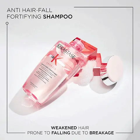 Image 1, Anti-fall fortifying shampoo, weakened hair prone to falling due to breakage. Image 2, Genesis, 84% less hair fall due to breakage, more fibre strength, more hair resilience Image 3, Before and After image- illustration of the anticipated results obtained after applying the products Bain Hydra Fortifiant, Masque Reconstituant, Ampoule Cure and Defense Thermique after one use and styling. Results may vary from one individual to another. Image 4, Key Ingredients- Ginger Root, Edelweiss native Cells, Aminexil. Image 5, Genesis- Hovig Etoyan, Global Professional Ambassador- It's so common for my clients to experience hair fall from breakage or thinning hair. Genesis addresses both causes of hair fall with its combination of Ginger Root and Edelweiss native cells. Catering for both fine and thicker hair types it's the perfect solution.