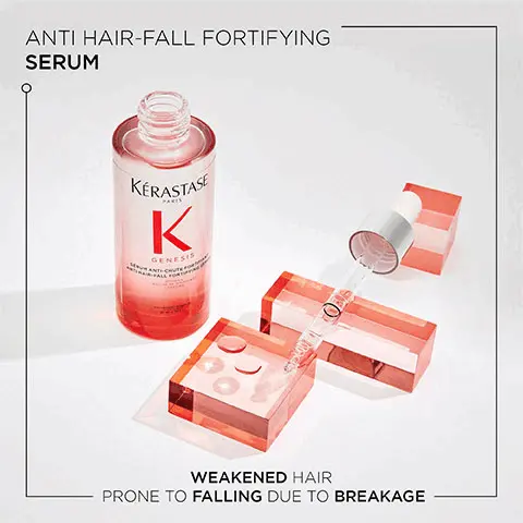 Image 1, Anti-hair fall fortifying serum, weakened hair prone to falling due to breakage. Image 2, Genesis, 84% less hair fall due to breakage, more fibre strength, more hair resilience Image 3, Before and After image- illustration of the anticipated results obtained after applying the products Bain Hydra Fortifiant, Masque Reconstituant, Ampoule Cure and Defense Thermique after one use and styling. Results may vary from one individual to another. Image 4, Key Ingredients- Ginger Root, Edelweiss native Cells, Aminexil. Image 5, Genesis- Hovig Etoyan, Global Professional Ambassador- It's so common for my clients to experience hair fall from breakage or thinning hair. Genesis addresses both causes of hair fall with its combination of Ginger Root and Edelweiss native cells. Catering for both fine and thicker hair types it's the perfect solution.