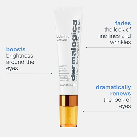 image 1, boosts brightness around the eyes. fades the look of fine lines and wrinkles. dramatically renews the look of eyes. image 2, vitamin c = delivers antioxidant protection while improving luminosity and skin tone lactic acid = helps remove dull, dead skin cells and accelerates cell turnover. chia seed extract = helps reduce inflammation