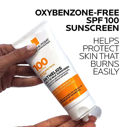 Image 1, oxybenzone free SPF 100 sunscreen, helps protect skin that burns easily. Image 2, cell-ox shield technology UVA/UVB protection. broad spectrum SPF 100 oxybenzone free. lightweight, fast absorbing non whitening cream texture. Image 3, dermatologist recommended, board certified dermatologist dr rina allawh says damage from UVA/UVB exposure is cumulative throughout one's lifetime and may increase skin cancer risk. i recommend broad spectrum SPF 100 sunscreens to help provide vs a low SPF number for those with skin prone to burning. Image 4, key dermatological ingredients. cell-ox shield technology, UVA/UVB protection and antioxidants - photostable UVA/UVB filters and powerful antioxidant protection. broad spectrum SPF 60, octinocate free, avobenzone 3%, homosalate 10%, octisalate 5%, octocrylene 7%. la roche posay thermal spring water, soothing antioxidant - a unique water rich in selenium a natural antioxidant. Image 5, apply to face and body 15 minutes prior to sun exposure, suitable for children and adults. Image 6, water resistant 80 minutes, broad spectrum SPF 60. Image 7, dermatologist tested, allergy tested, oil free and non comedogenic. Image 8, recommended skin cancer foundation active.
