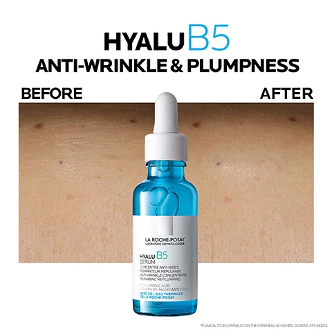 Image 1 - A blue serum bottle labeled HYALU B5 SERUM from La Roche-Posay is shown against a skin background, with the words HYALU B5 ANTI-WRINKLE & PLUMPNESS above and BEFORE and AFTER on the left and right sides respectively.
              Image 2 - Image shows three clear, spherical droplets of varying sizes with text indicating REPAIR, REPLUMPS IN 4H, and TESTED ON THE MOST SENSITIVE SKIN EVEN.
              Image 3 - Image shows two skincare products: a blue hyaluronic acid serum with a dropper labeled Hyalu B5 Serum and a white bottle of Anthelios UVMune 400 sun protection, both from La Roche-Posay, with text highlighting benefits like anti-wrinkle and daily UV protection.
              Image 4 - Image shows two skincare products from La Roche-Posay: a blue glass dropper bottle labeled Hyalu B5 Serum on the left and a white bottle labeled Anthelios UVMune 400 on the right, with instructions stating 1 APPLY 3-4 DROPS ON FACE AND NECK AFTER CLEANSING and 2 APPLY TO FACE AND NECK REAPPLY EVERY 2H.
              Image 5 - A hand wearing a white glove is holding a dropper bottle of La Roche-Posay Hyalu B5 serum, alongside another bottle labeled Hyalu B5 Eye Serum, with text stating that 71% agree they found the best results using both serums together and noting a home tester club survey of 150 consumers.
              Image 6 - An image featuring a blue dropper bottle of La Roche-Posay Hyalu B5 Serum next to skin tones in a gradient from light to dark, with the text Hyalu B5 Serum and suitable for all skin types prominently displayed.