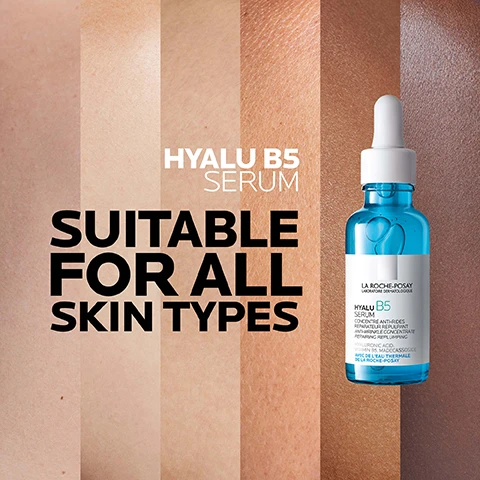 Image 1 - Image of a blue serum bottle labeled HYALU B5 SERUM against a background showing various skin tones, with the text SUITABLE FOR ALL SKIN TYPES in bold.
              Image 2 - Image of three clear gel-like droplets on a white background with blue text stating REPAIR, REPLUMPS IN 4H, and TESTED ON THE MOST SENSITIVE SKIN EVEN.
              Image 3 - Image of a blue serum bottle with a dropper, labeled as LA ROCHE-POSAY HYALU B5 SERUM, accompanied by two instructions: 1 APPLY AFTER CLEANSING and 2 FILL DROPPER WITH SERUM AND APPLY 3-4 DROPS ON FACE AND NECK.
              Image 4 - Image shows three skincare products from La Roche-Posay labeled with numbers one, two, and three, including a blue serum, a white cream, and a sunscreen, with the text PLUMP, HYDRATE, and PROTECT below each product.
              Image 5 - A hand in a white glove holds a dropper bottle containing blue serum next to another smaller blue serum bottle, with text that says 71% AGREE THEY FOUND THE BEST RESULTS USING HYALU B5 FACE SERUM & HYALU B5 EYE SERUM TOGETHER, and additional details about the products.
              Image 6 - A dropper is poised above a blue glass bottle labeled La Roche-Posay Hyalu B5 Serum, with instructions on the right side that read apply 3-4 drops every morning and evening to face and neck.