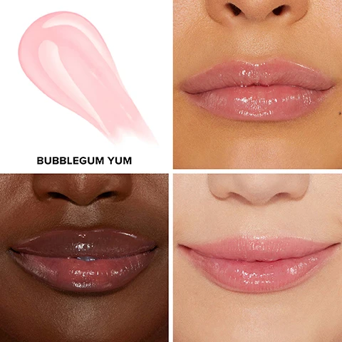 Image 1 - A splash of pink lip gloss is shown at the top left, and three close-up images of different lips in varying skin tones are displayed in the rest of the image, with the text BUBBLEGUM YUM below the gloss.
              Image 2 - A glossy lip plumper tube is shown next to statistics, with 93% stating lips look fuller and more plump, 97% saying it delivers instant results, and 97% noting lips feel moisturized, and a footnote mentioning a study from December 2015.
              Image 3 - Close-up of a womans lips showing a comparison between a matte finish on the left labeled BEFORE and a glossy finish on the right labeled AFTER, with the text MODEL IS WEARING SHADE BUBBLEGUM YUM at the bottom.
              Image 4 - Close-up of a models lips before and after applying lip color, with the left side labeled BEFORE showing natural lips and the right side labeled AFTER featuring glossy lips; model is wearing shade Bubblegum Yum.
              Image 5 - Close-up of a models lips showcasing a before and after comparison, with the left side appearing bare and the right side glossy and enhanced, labeled BEFORE and AFTER, and with text stating MODEL IS WEARING SHADE BUBBLEGUM YUM.
              Image 6 - Image shows a product chart titled Level Up PLUMP featuring six lip products from Too Faced categorized into levels, with descriptions for each: Level 1 is Lip Injection Extreme Lip Plumper, Level 2 includes Lip Injection Extreme Plumping Clicks, and Level 3 is Lip Injection Maximum Plump, followed by Lip Injection Extreme Lip Shaper, Lip Injection Lip Gloss, and Lip Injection Liquid Lipstick.