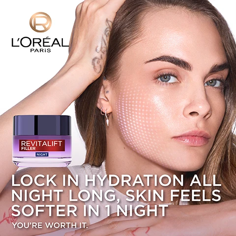 Image 3 - An advertisement for LOréal Revitalift Filler Night cream features a woman with clear skin and a grid pattern on her face, beside a jar of the cream, with the text LOréal Paris, Revitalift Filler Night, Lock in hydration all night long, skin feels softer in 1 night, Youre worth it. Image 4 - A jar of LOréal Revitalift Filler Night cream with a black lid and red and blue label sits amidst shimmering purple fabric and translucent spheres, with visible text that reads CLINICALLY PROVEN, LOCK IN HYDRATION ALL NIGHT LONG, SKIN FEELS SOFTER IN 1 NIGHT, and REVITALIFT FILLER NIGHT on the product itself. Image 5 - A LOreal Revitalift Filler Night cream jar sits amidst three petri dishes displaying different hyaluronic acid consistencies, with the accompanying text: Powered by [Hyaluronic Acids], Macro hydrates skin surface, Micro replumps top layers of the skin, Micro-Epidermic deep filling against wrinkles, and on the jar, Revitalift Filler Night. Image 6 - A split-screen comparison of a female face, both halves showing purple light patterns on the skin; the left side, labeled WITHOUT, has fewer patterns, while the right side, labeled WITH, shows more concentrated patterns, accompanied by the text WITH OUR LONGEST LASTING HYALURONIC TECHNOLOGY*, WITHOUT LONG LASTING HYALURONIC ACIDCX, WITH LONG LASTING HYALURONIC ACIDCX, and in small print, *DRAMATICAL VISUALIZATION OF LONG LASTING HA CX (IN A SIMPLEX SERUM) EFFECT ON THE SKIN 5 DAYS USAGE + RELAPSE 24H, 13 SUBJECTS. Image 7 - A close-up image shows three individuals with different skin tones applying a white cream to their cheeks, alongside the text Clinically Effective On All Skin Types and a circular R logo. Image 8 - The image displays a LOréal Revitalift Filler hyaluronic skincare routine featuring three products: a small purple bottle labeled LOréal Paris Revitalift Filler Hyaluron Eye Serum for Step 1 Eye Serum, a larger purple dropper bottle labeled LOréal Paris Revitalift Filler Hyaluron Anti-Wrinkle Serum for Step 2 Face Serum, and a purple jar labeled LOréal Paris Revitalift Filler Night for Step 3 Face Cream, all presented under the headline Complete Your Hyaluronic Routine.